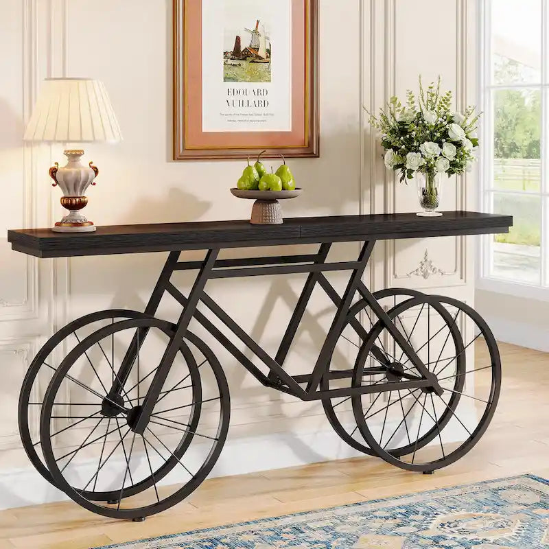 Tavolo Consolle Marrone/Bianco e Nero, Base Industriale a Bicicletta, Tavolo Stretto da Divano per 1