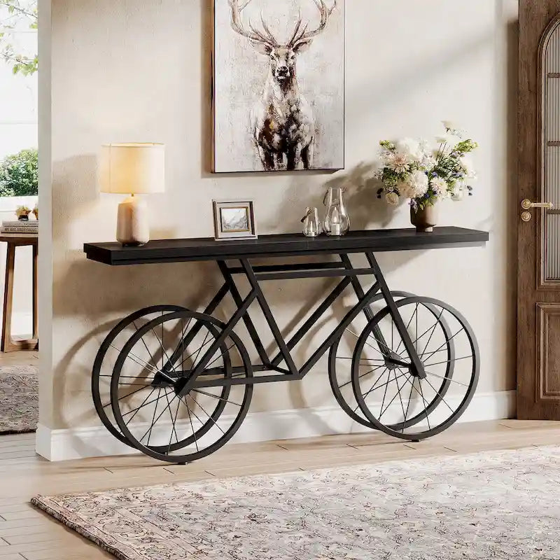 Tavolo Consolle Marrone/Bianco e Nero, Base Industriale a Bicicletta, Tavolo Stretto da Divano per 1