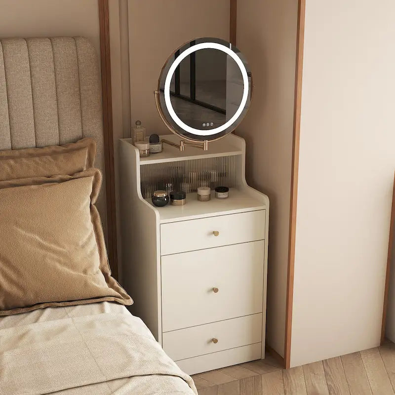 Scrivania angolare da trucco 3-in-1 giallo chiaro con specchio illuminato, sedia e spazio contenitivo, per 1 persona