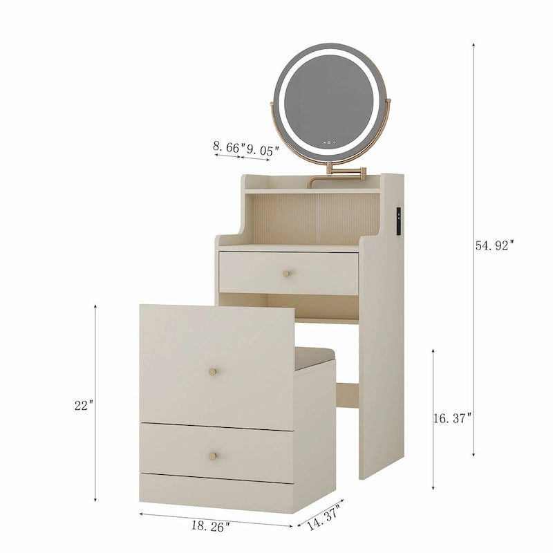 Scrivania angolare da trucco 3-in-1 giallo chiaro con specchio illuminato, sedia e spazio contenitivo, per 1 persona