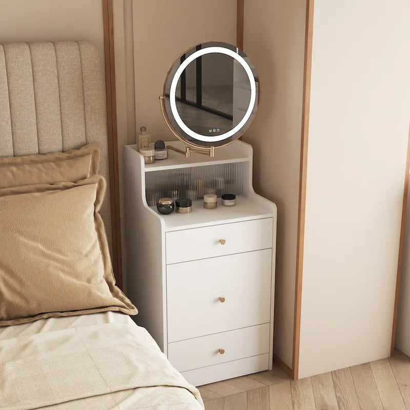 Scrivania angolare da trucco 3-in-1 giallo chiaro con specchio illuminato, sedia e spazio contenitivo, per 1 persona