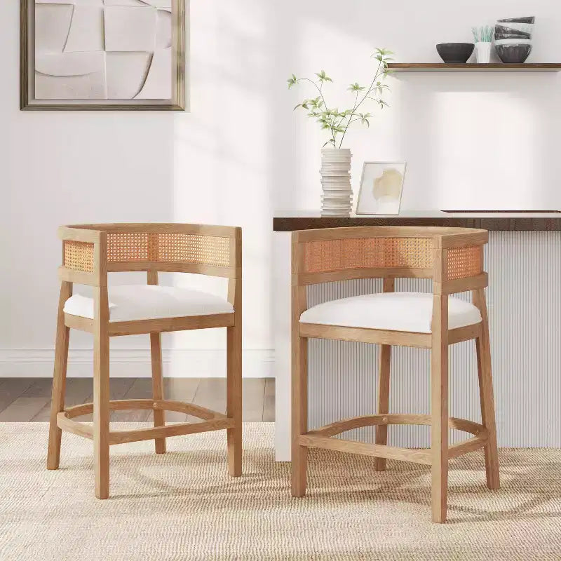 Christopher Knight Home Set di 2 Sgabelli da Bar Altezza Bancone Amir Contemporanei in Legno di Gomma Tappezzati con Schienale Curvo in Rattan Rovere