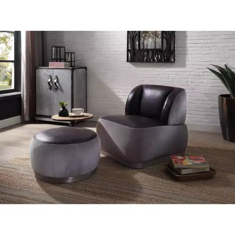 Accent Chair Antique Slate Top Grain Leather and Gray Velvet
