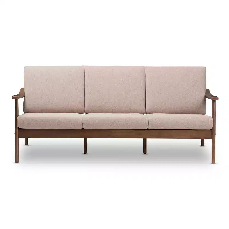 Divano a 3 posti imbottito in tessuto in noce stile Mid-Century Venza - Baxton Studio: Struttura in legno di caucciù, poliestere