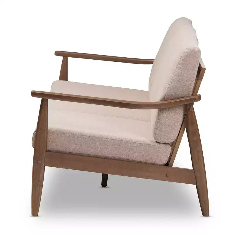 Divano a 3 posti imbottito in tessuto in noce stile Mid-Century Venza - Baxton Studio: Struttura in legno di caucciù, poliestere