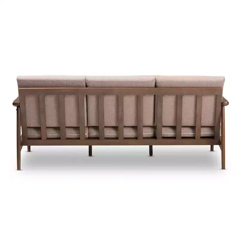 Divano a 3 posti imbottito in tessuto in noce stile Mid-Century Venza - Baxton Studio: Struttura in legno di caucciù, poliestere