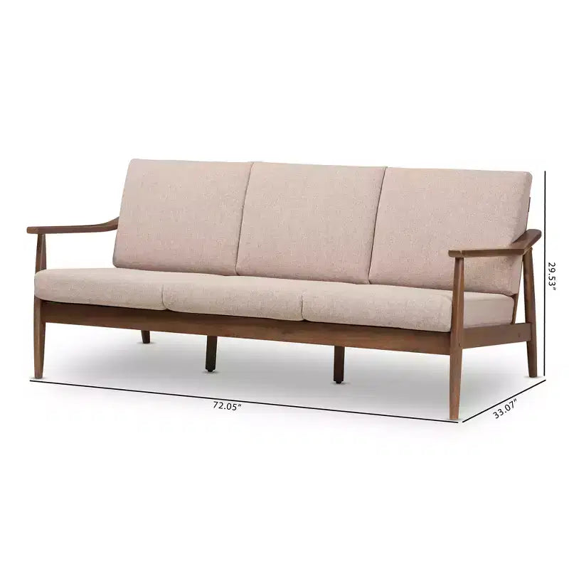 Divano a 3 posti imbottito in tessuto in noce stile Mid-Century Venza - Baxton Studio: Struttura in legno di caucciù, poliestere