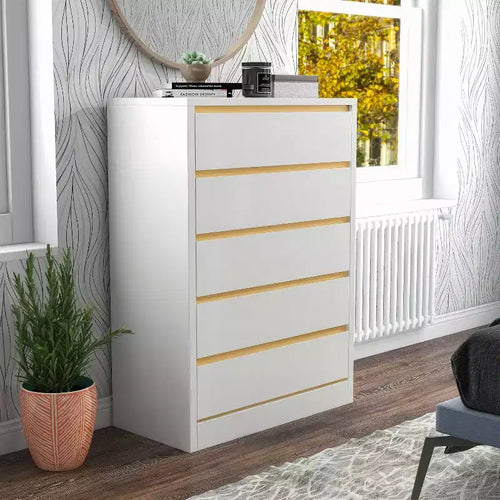Gailyn Modern 5 Drawer Tall Chest White: Vertical Storage, Smooth Finish, Metal Hardware