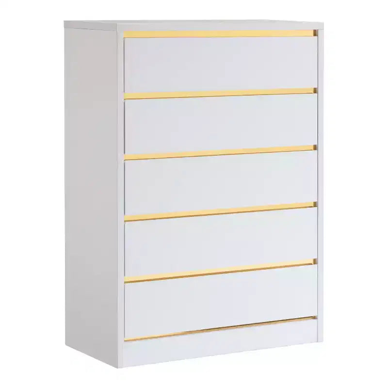 5 Drawer Tall Chest White with Gold Trim