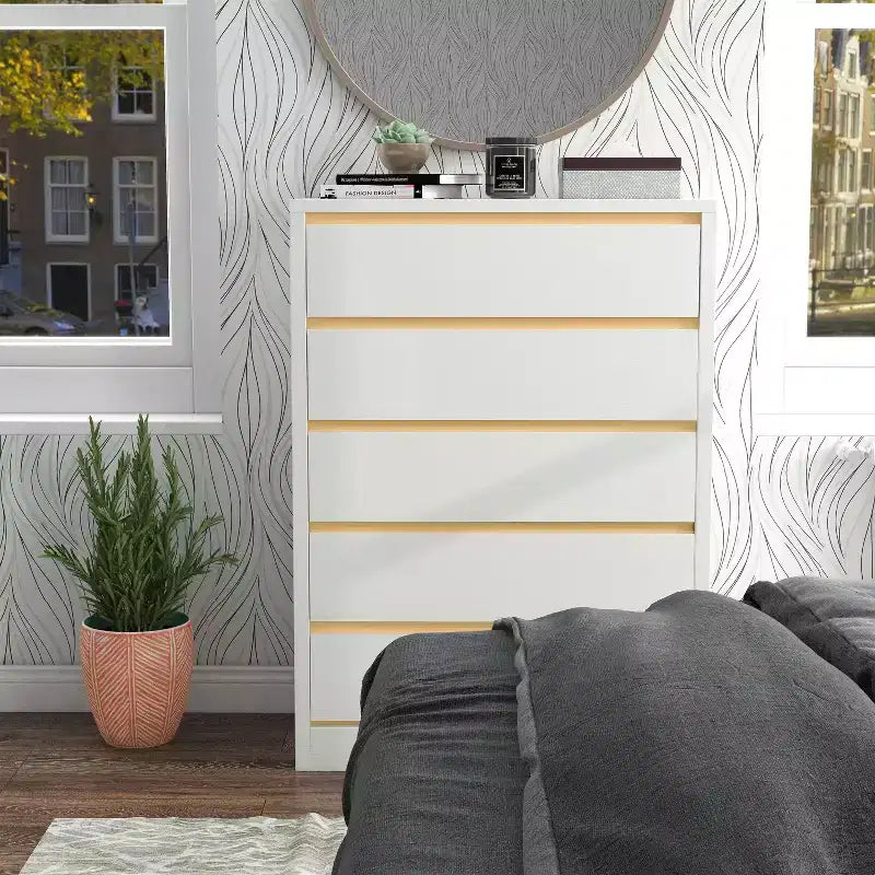 5 Drawer Tall Chest White with Gold Trim
