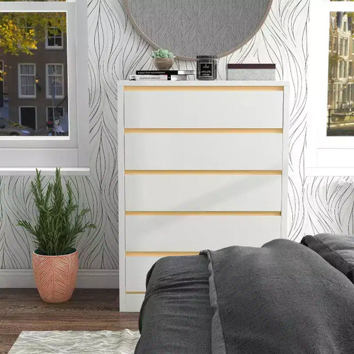 5 Drawer Tall Chest White with Gold Trim