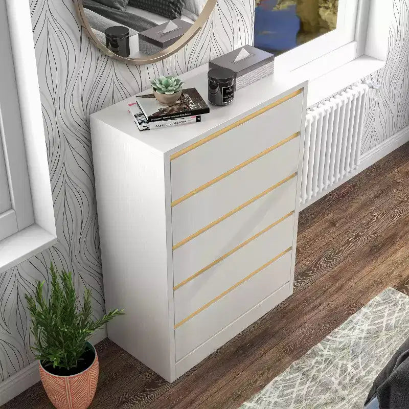 5 Drawer Tall Chest White with Gold Trim