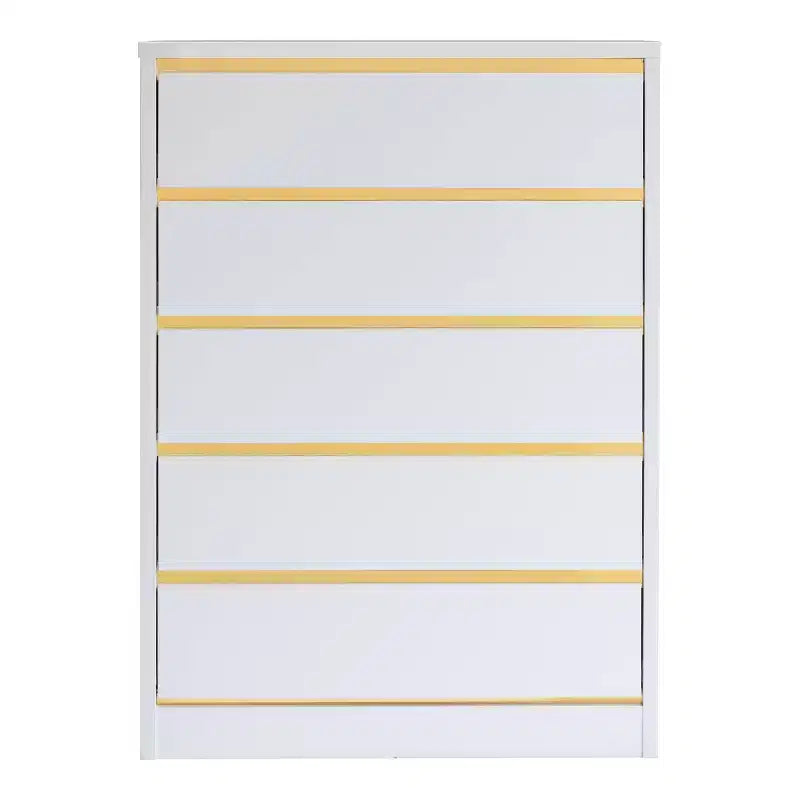 5 Drawer Tall Chest White with Gold Trim