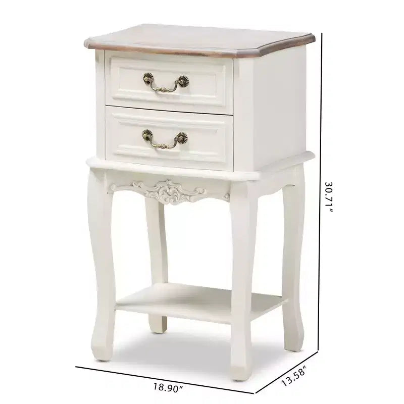 Comodino Amalie a 2 cassetti in legno Bianco/Rovere - Baxton Studio: Stile Francese Provenzale, Maniglie in ottone, Ripiano aperto