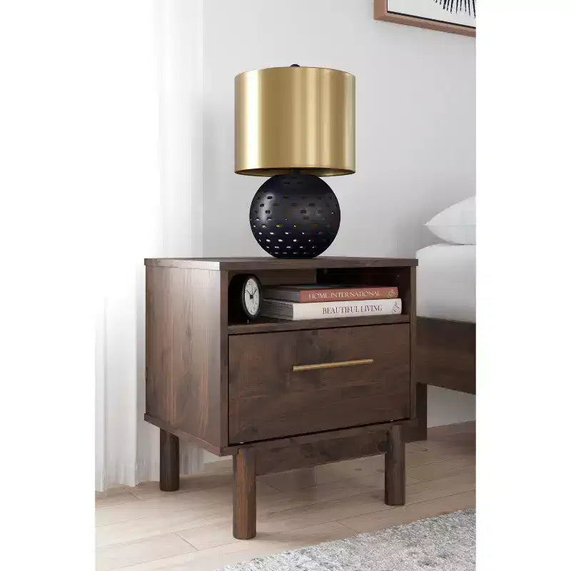 Industrial Nightstand, Brown and Beige, with Drawer and Open Cubby