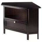 Winsome Zena Corner TV Stand for TVs up to 27" Espresso: Mid-Century Modern, Open Shelving, MDF Wood