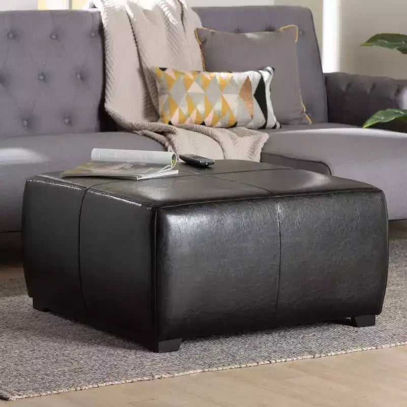Full Leather Square Ottoman Footstool Black - Baxton Studio: Modern Upholstered, Wood Frame, No Assembly Required