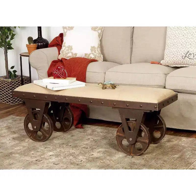 Panca industriale in legno marrone - Olivia & May: telaio in metallo, con ruote, capacità 181 kg