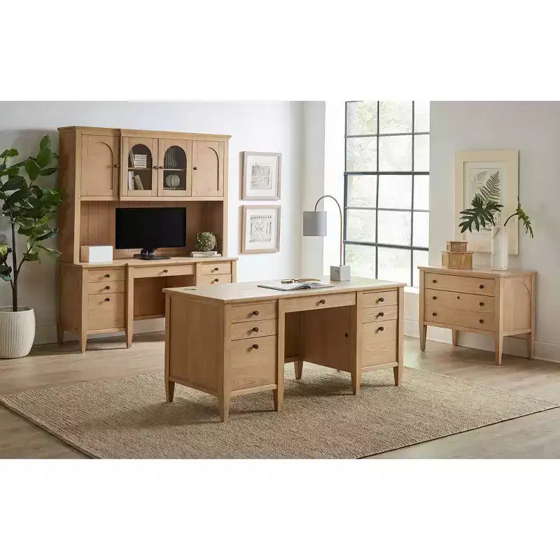 Modern Wood Credenza and Hutch, Light Brown Wire Brushed