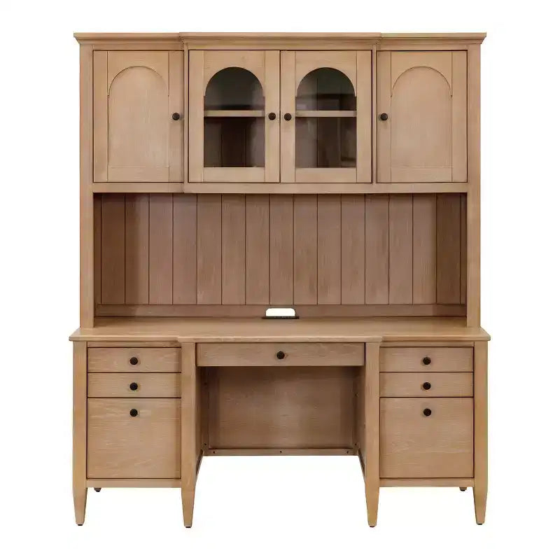 Modern Wood Credenza and Hutch, Light Brown Wire Brushed