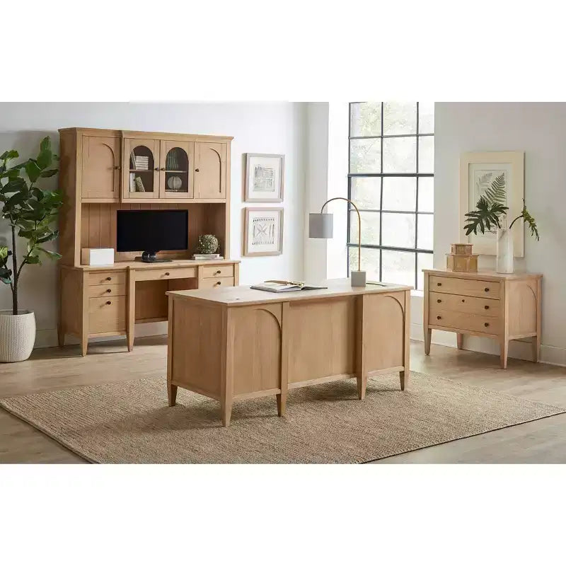Modern Wood Credenza and Hutch, Light Brown Wire Brushed