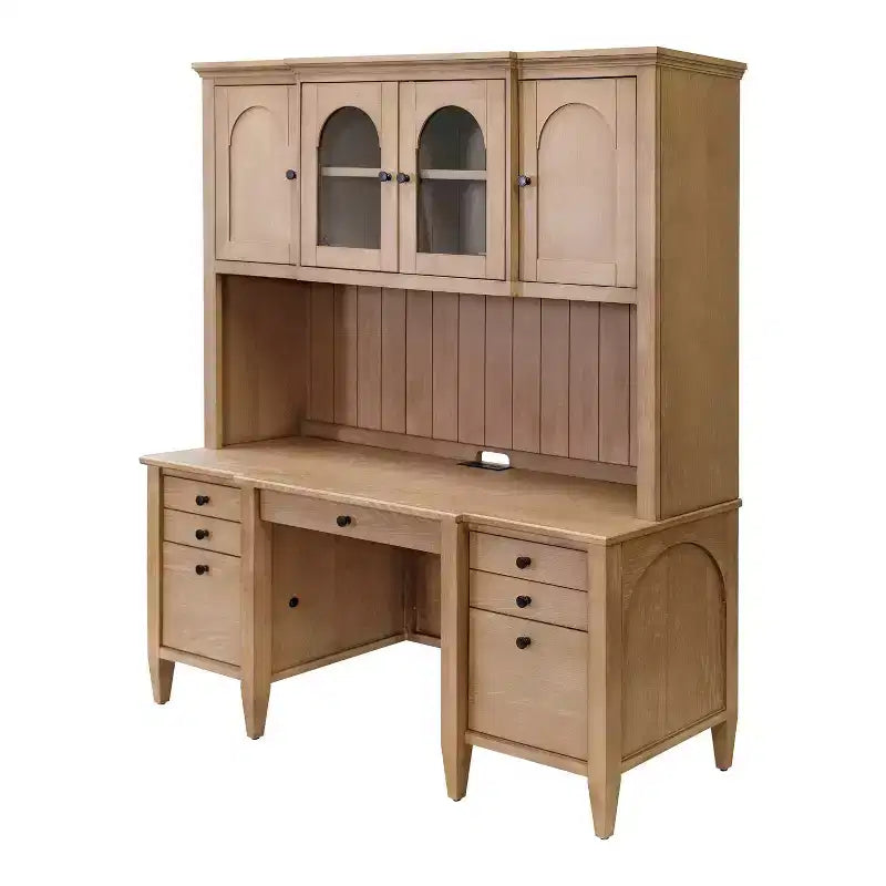 Modern Wood Credenza and Hutch, Light Brown Wire Brushed