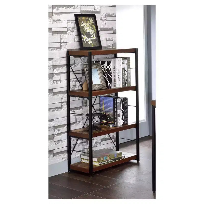 Libreria Decorativa Acme Furniture 43" Quercia: Stile Scandinavo, Struttura in Metallo, Schienale Aperto, 4 Ripiani