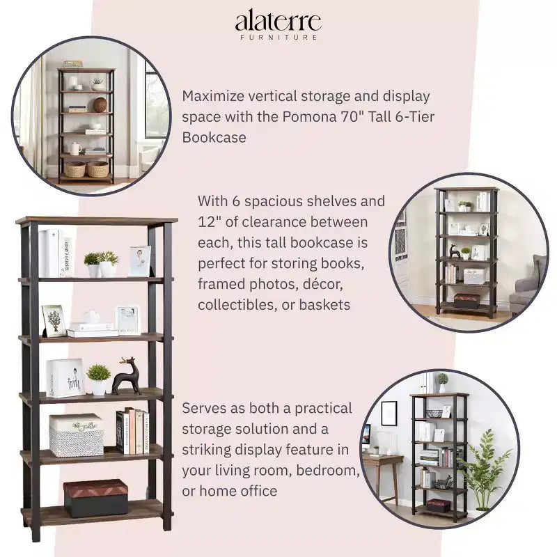 Libreria a 5 ripiani Pomona da 70" in metallo e legno massiccio Naturale - Alaterre Furniture