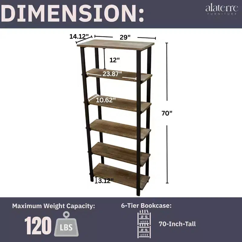 Libreria a 5 ripiani Pomona da 70" in metallo e legno massiccio Naturale - Alaterre Furniture