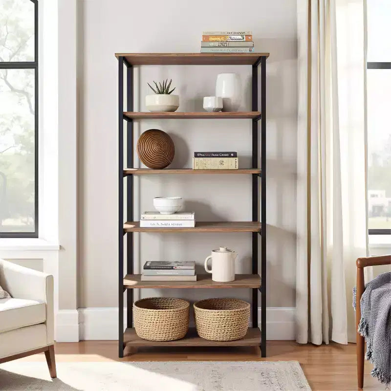 Libreria a 5 ripiani Pomona da 70" in metallo e legno massiccio Naturale - Alaterre Furniture