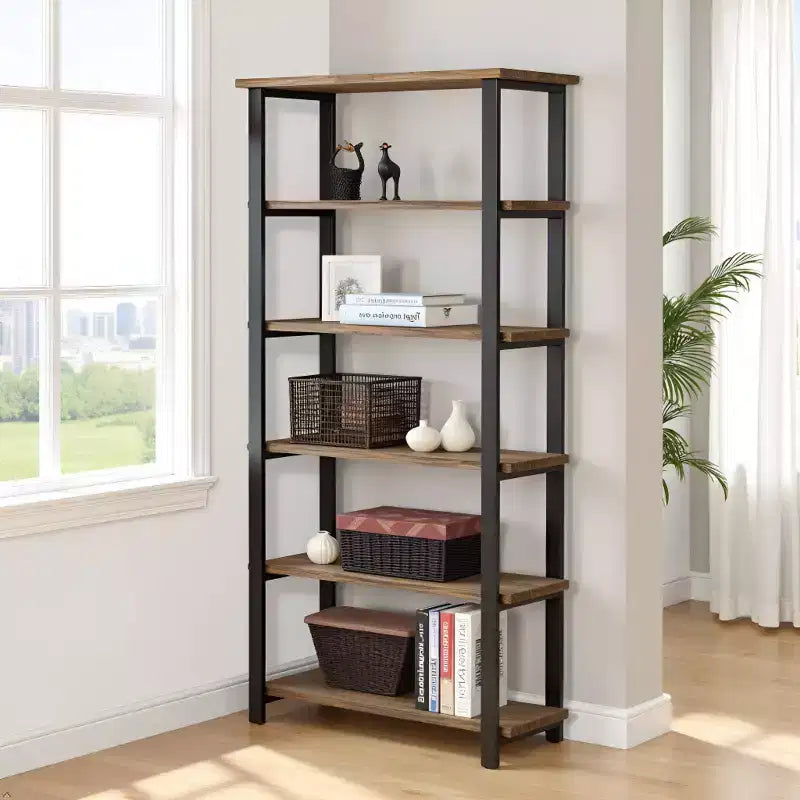 Libreria a 5 ripiani Pomona da 70" in metallo e legno massiccio Naturale - Alaterre Furniture