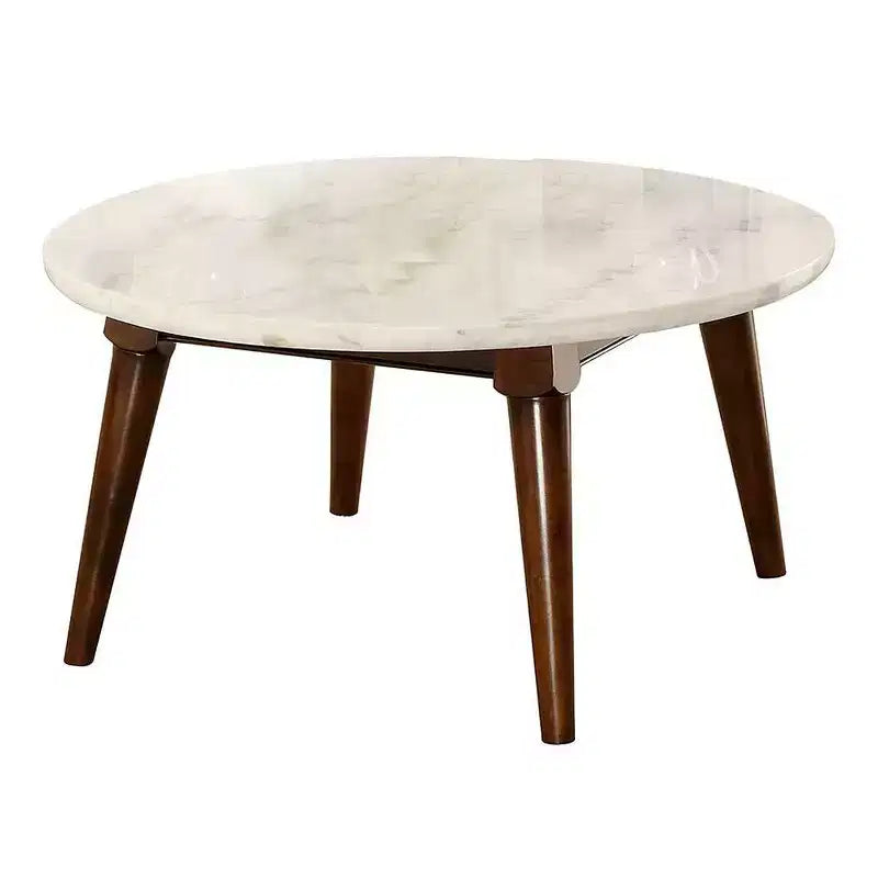 Tavolino da caffè Gasha da 36" - Piano in marmo bianco e noce - Acme Furniture: Moderno metà secolo, Rotondo, Gambe in legno, Montaggio senza attrezzi