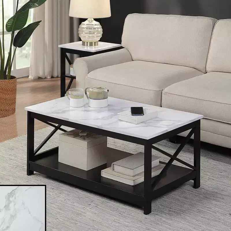 White Faux Marble and Black Coffee Table with Lower Shelf