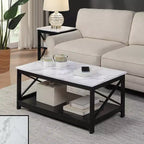 White Faux Marble and Black Coffee Table with Lower Shelf