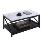 White Faux Marble and Black Coffee Table with Lower Shelf