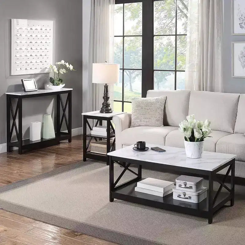 White Faux Marble and Black Coffee Table with Lower Shelf