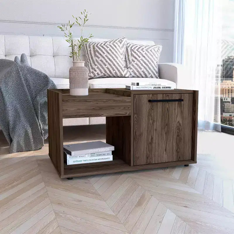 Dark Walnut Coffee Table with Drawer and Lower Shelf