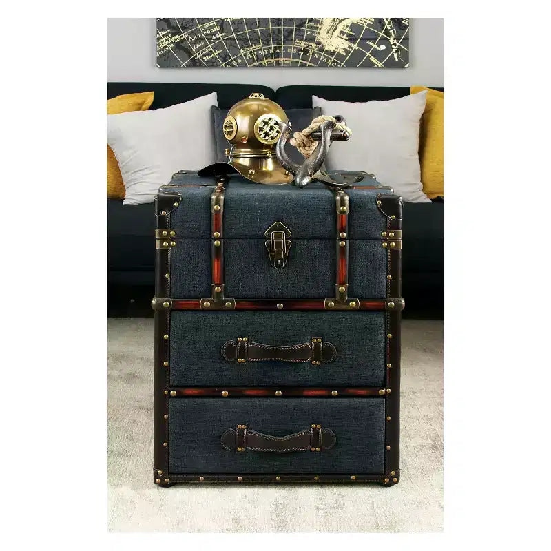 Tavolino in legno e tessuto blu scuro con contenitore - Olivia & May: Completamente assemblato, per uso interno