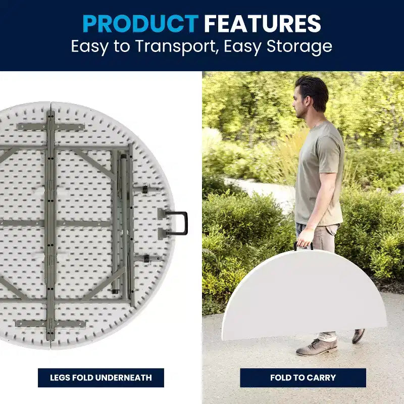 Flash Furniture Freeman 4-Foot Round Bi-Fold Granite White Plastic Banquet and Event Folding Table with Carrying Handle