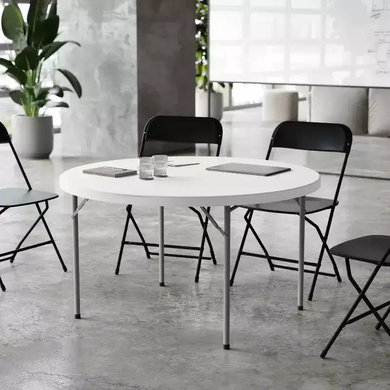 Flash Furniture Tavolo Pieghevole Rotondo da 120 cm in Plastica Bianca Effetto Granito