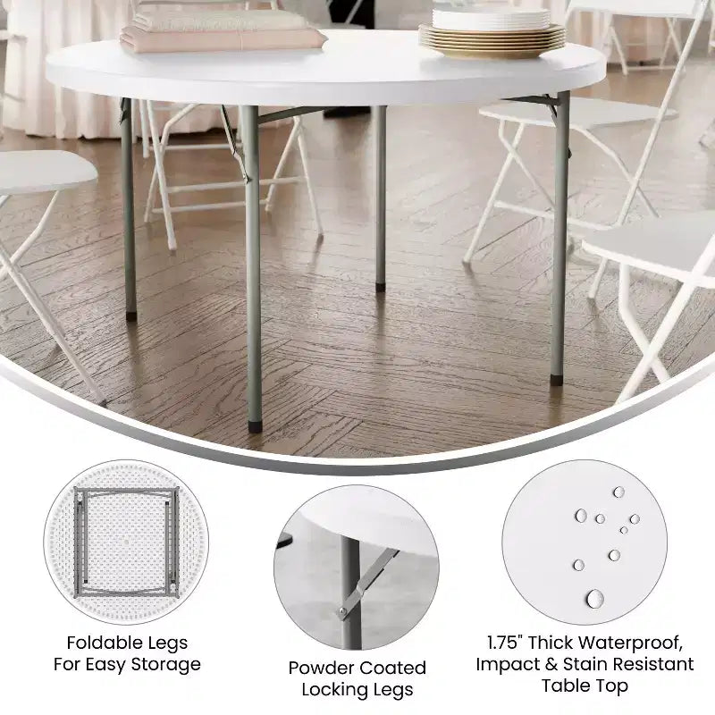 Flash Furniture Tavolo Pieghevole Rotondo da 120 cm in Plastica Bianca Effetto Granito