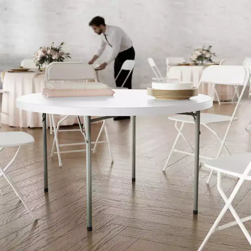 Flash Furniture Tavolo Pieghevole Rotondo da 120 cm in Plastica Bianca Effetto Granito