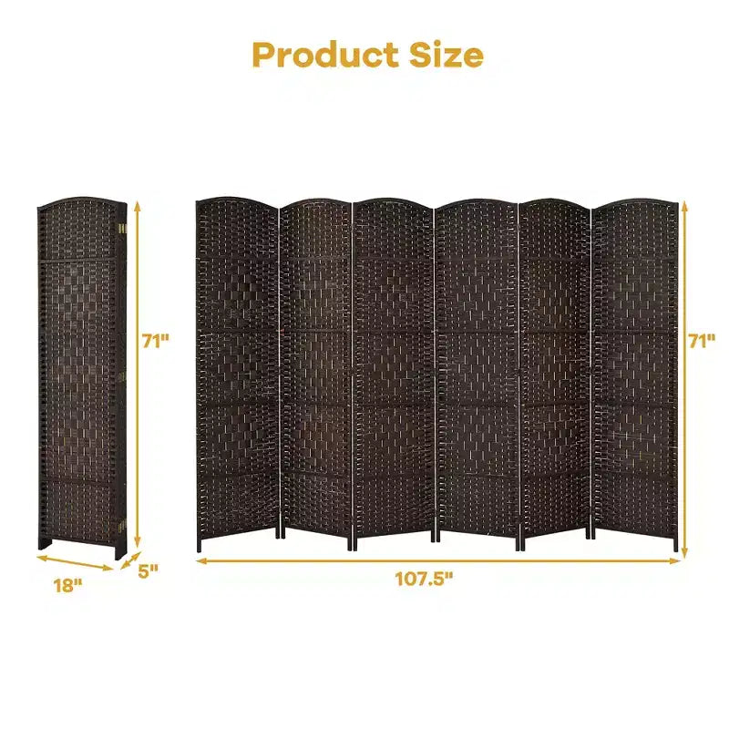 Costway Paravento Divisorio a 6 Pannelli 1.8m in Fibra Intrecciata Pieghevole per Privacy Marrone/Nero