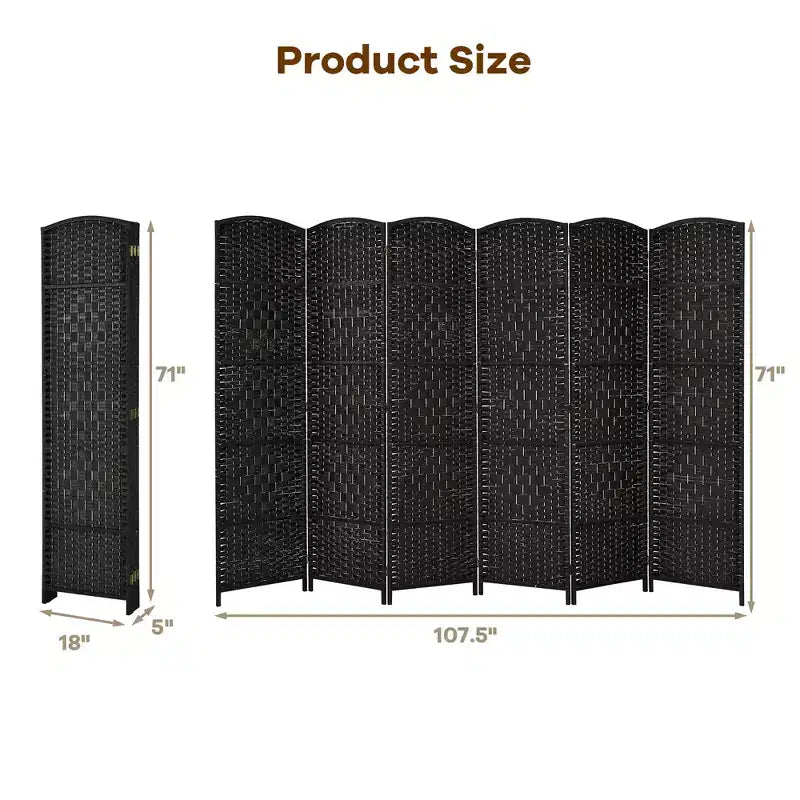 Costway Paravento Divisorio a 6 Pannelli 1.8m in Fibra Intrecciata Pieghevole per Privacy Marrone/Nero
