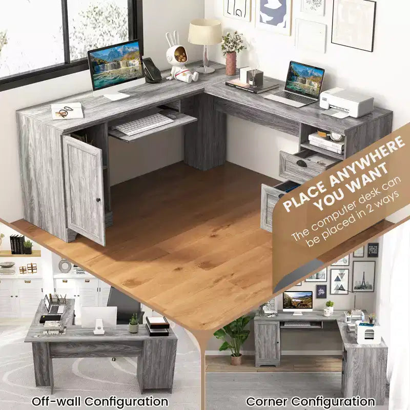 Scrivania angolare a L per computer Costway Tavolo da scrittura Workstation per studio con cassetti e contenitori