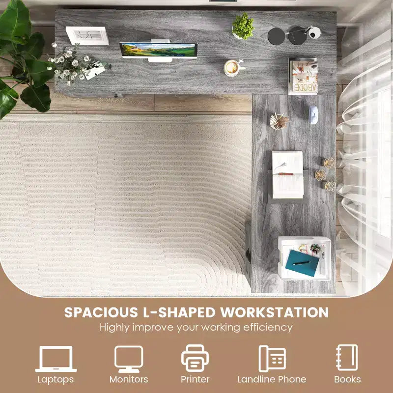 Scrivania angolare a L per computer Costway Tavolo da scrittura Workstation per studio con cassetti e contenitori
