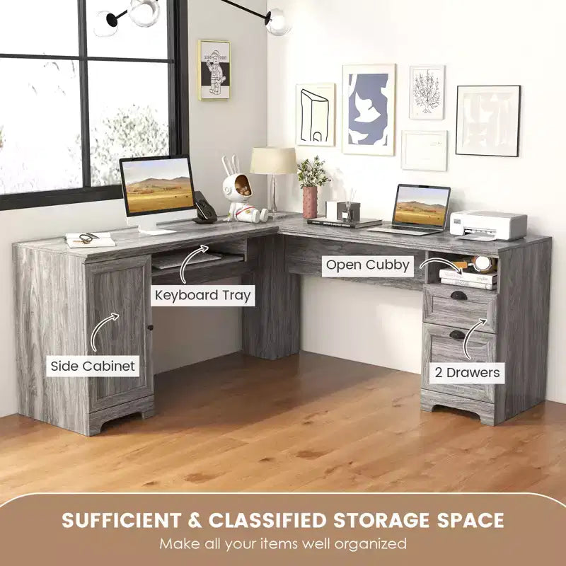 Scrivania angolare a L per computer Costway Tavolo da scrittura Workstation per studio con cassetti e contenitori