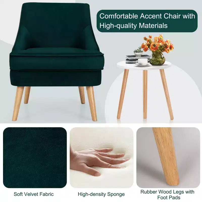 Poltrona Accent Costway in velluto, divano singolo con gambe in legno di caucciù rosa/verde/grigio