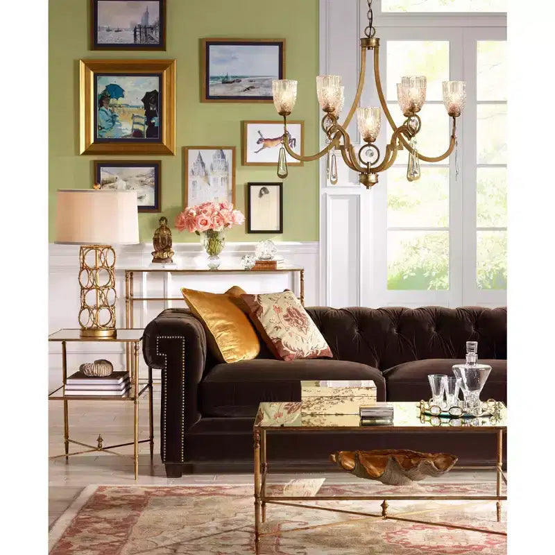 Tavolino d'appoggio Accent Uttermost Traditional in ferro, 60,3 x 35,6 cm, con ripiano, finitura foglia oro anticato, vetro trasparente per soggiorno e camera da letto