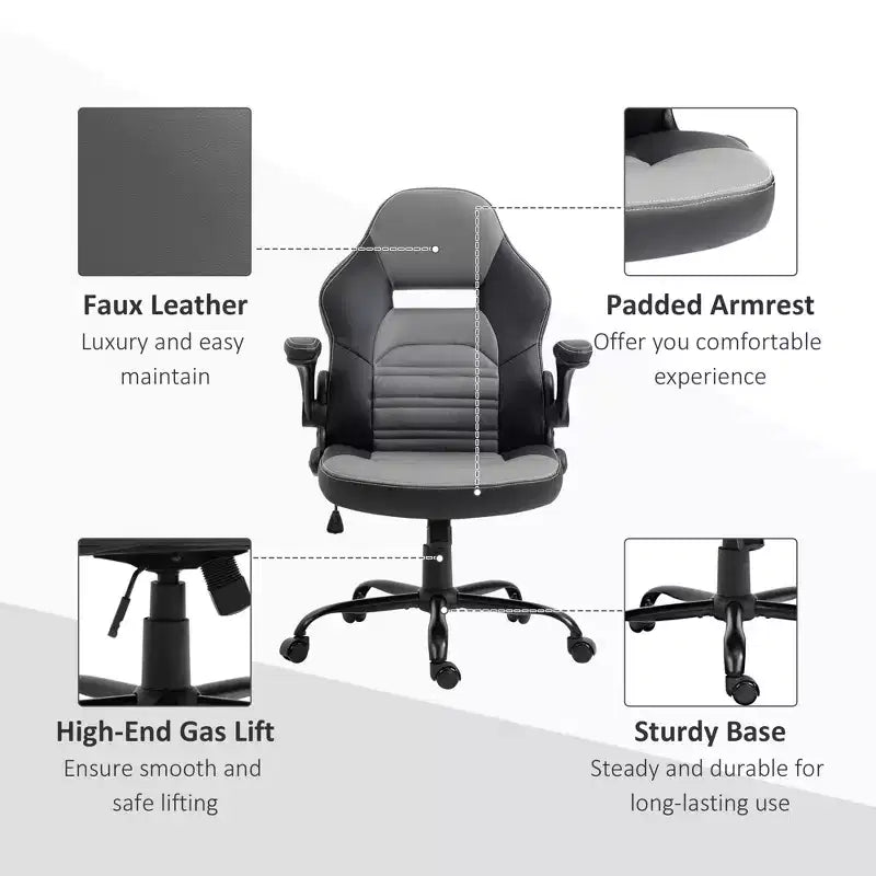 Sedia da gaming ergonomica Vinsetto, sedia da computer stile racing, sedia da ufficio direzionale con similpelle PU, funzione basculante, ruote girevoli, nero/grigio